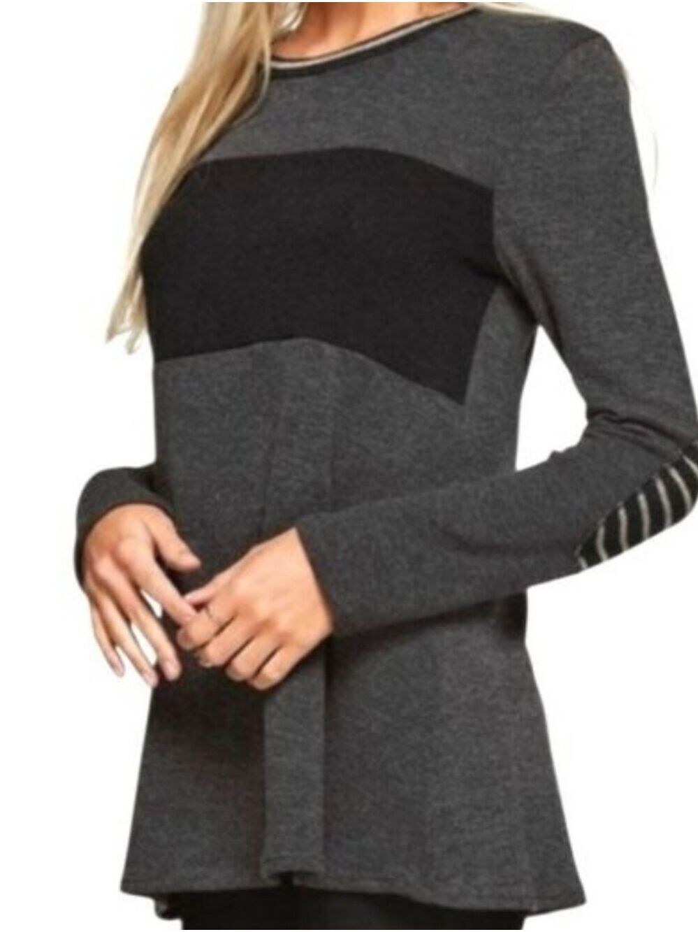 12 PM BY MON AMI Black & Gray Color Block Long Sleeve Top Size Med NWT